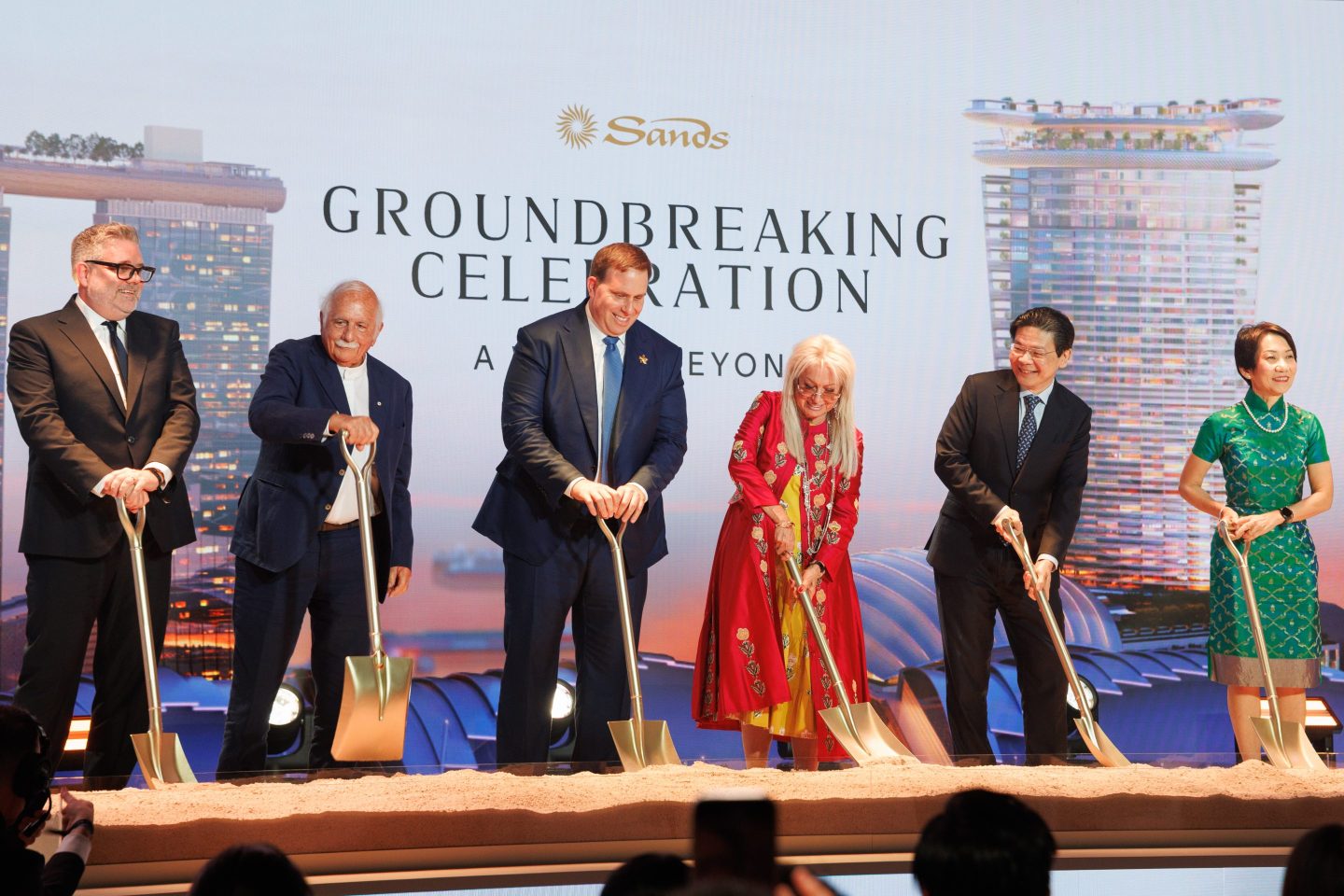 Las Vegas Sands COO Patrick Dumont (third from left), Sands co-founder Miriam Adelson (third from right), and Singapore Prime Minister Lawrence Wong (second from right) at the groundbreaking ceremony in Singapore on July 15, 2025.