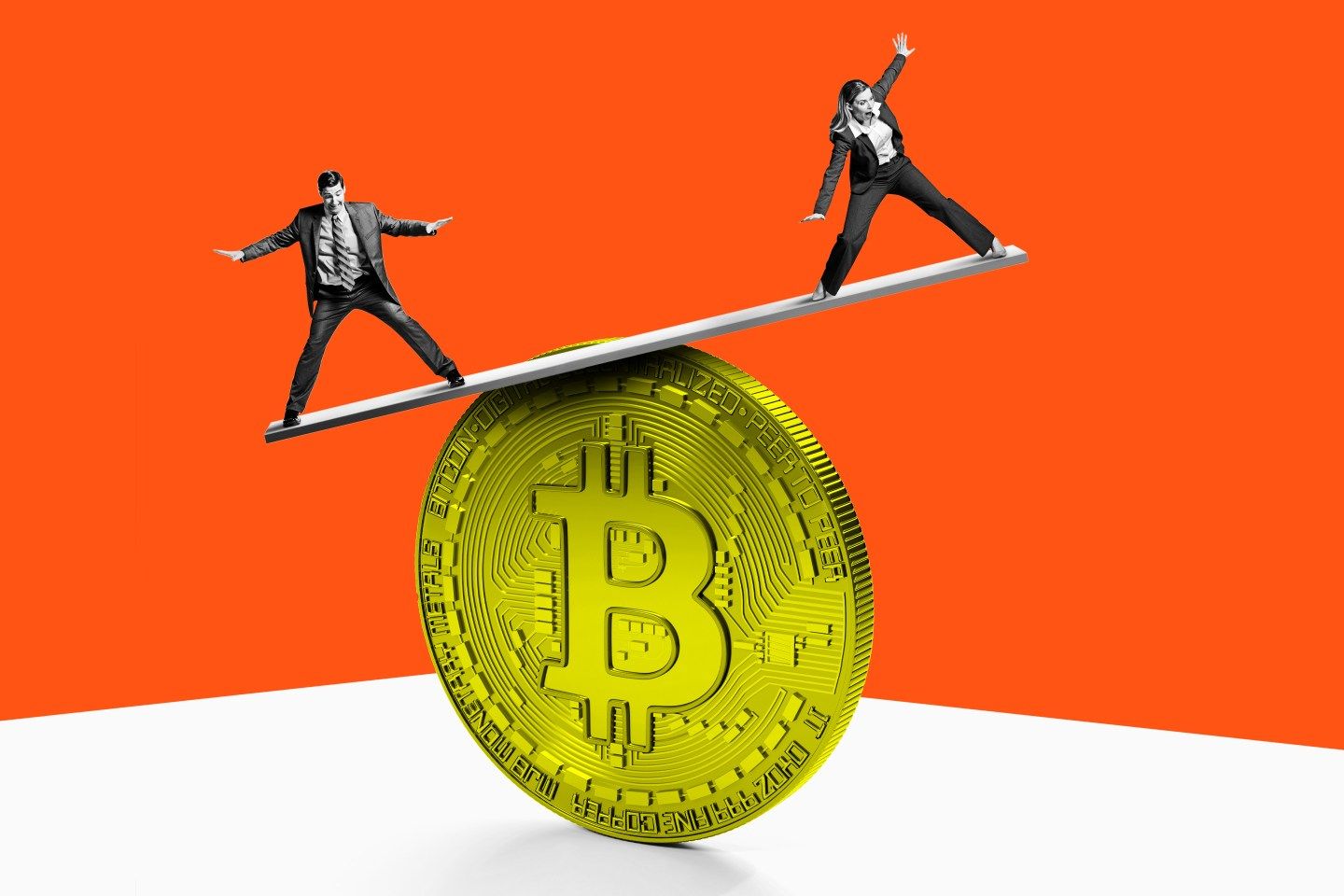 A photo of two men balancing on a crypto coin with the Bitcoin logo.