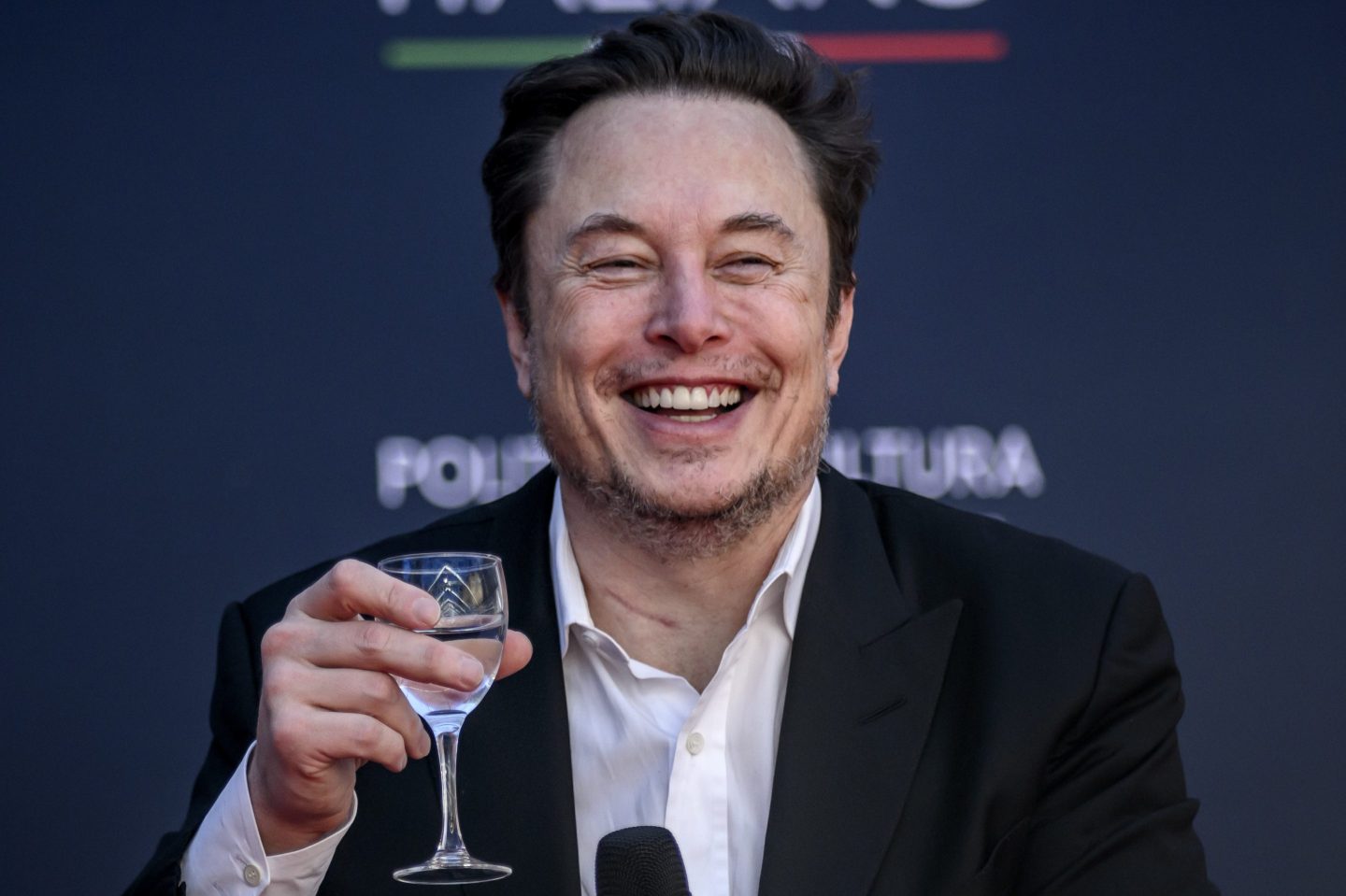 Elon Musk smiles while lifting a champagne flute