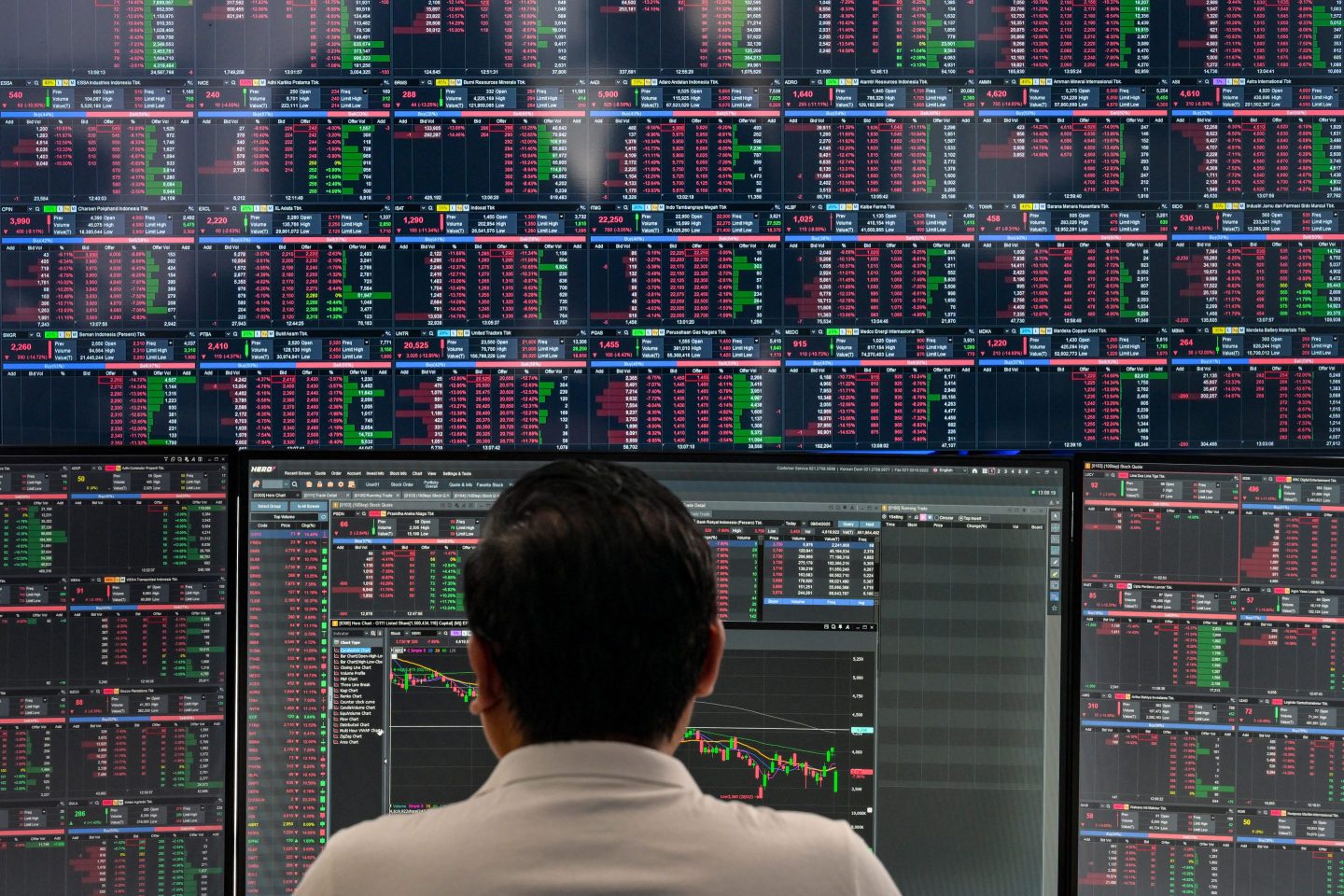 A stock trader monitors the Jakarta Composite Index on April 8.