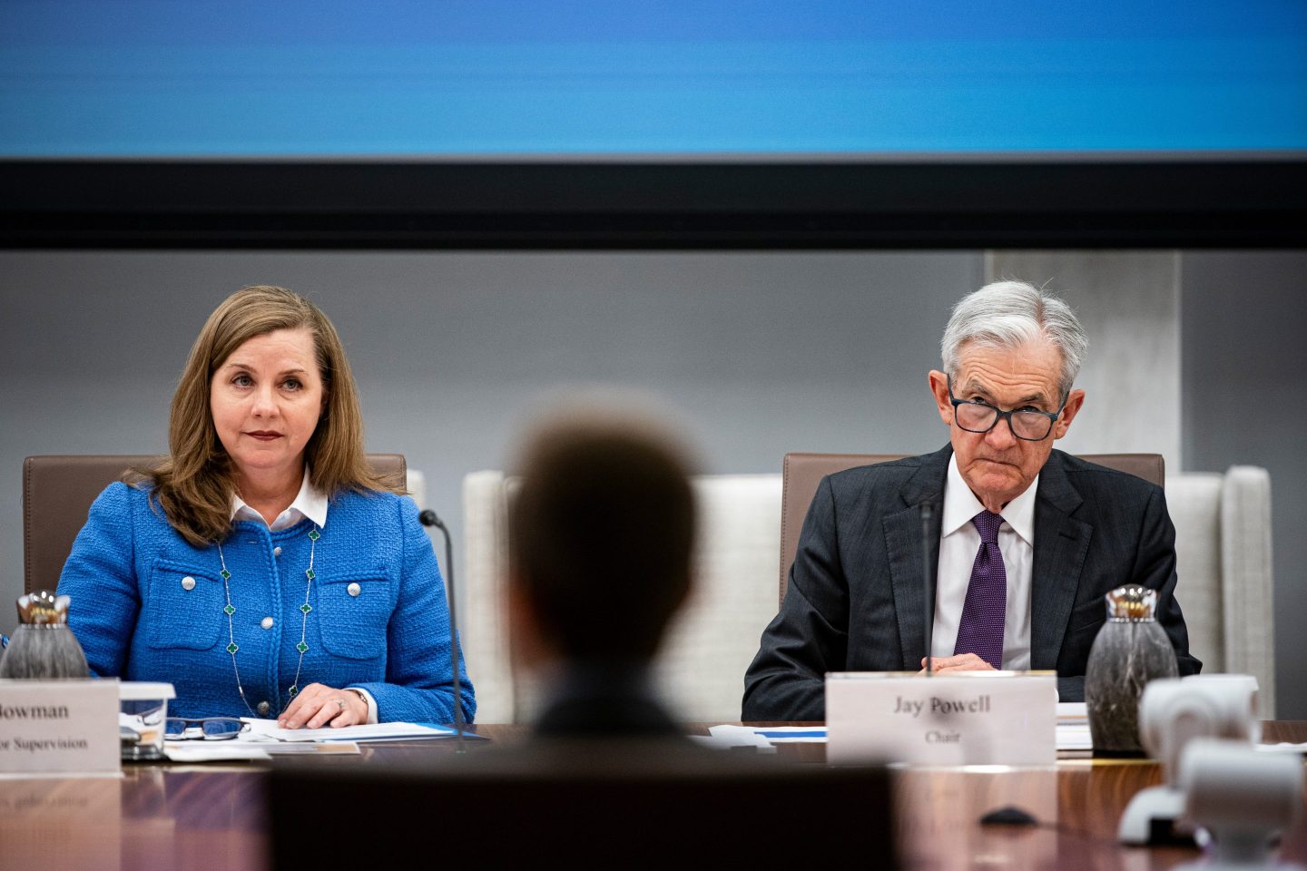 Michelle Bowman, vice chair for supervision at the US Federal Reserve, left, and Jerome Powell, chairman of the US Federal Reserve, during the Federal Reserve Board open meeting in Washington, DC, US, on Wednesday, June 25, 2025.