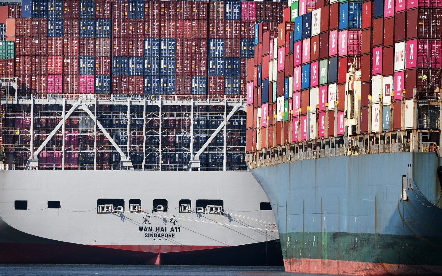 Shipping containers stacked on container ships at the Port of Los Angeles on June 25, 2025 in Los Angeles, California. (Photo: Mario Tama/Getty Images)