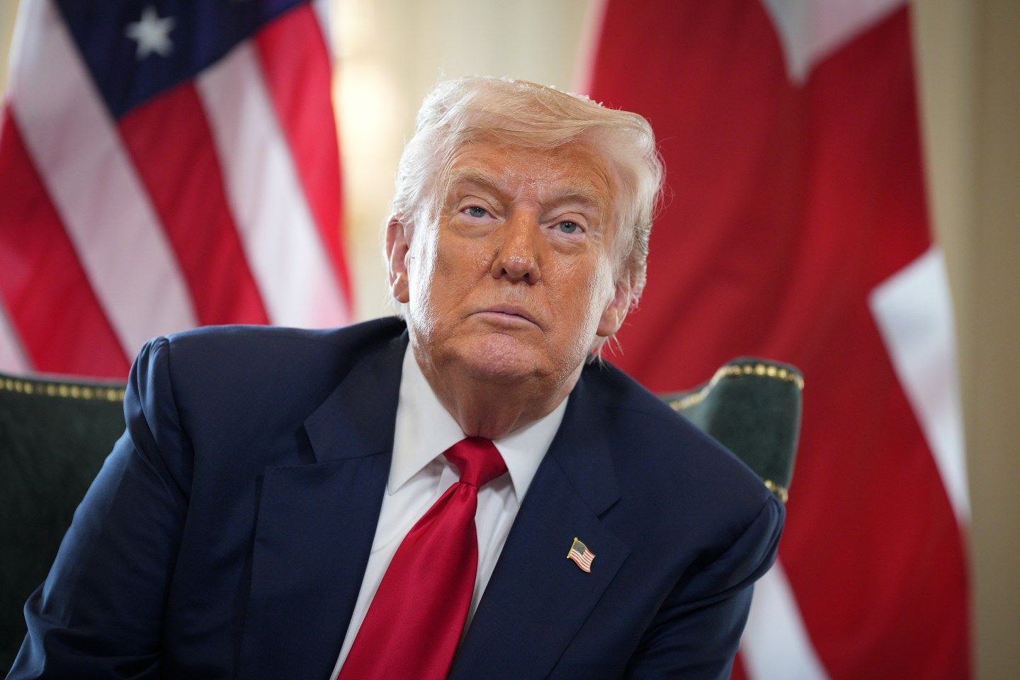 Photo: TURNBERRY, SCOTLAND - JULY 28: U.S. President Donald Trump talks to the media as he meets with British Prime Minister Keir Starmer (not pictured) at Trump Turnberry golf club on July 28, 2025 in Turnberry, Scotland. U.S. President Donald Trump is visiting his Trump Turnberry golf course, as well as Trump International Golf Links in Aberdeenshire, during a brief visit to Scotland from July 25 to 29. (Photo by Christopher Furlong/Getty Images)