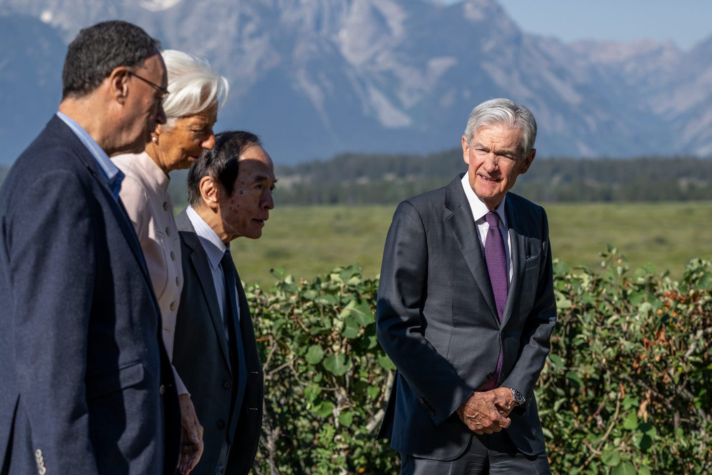 Jerome Powell, chair of the U.S. Federal Reserve, with, from right, Kazuo Ueda, governor of the Bank of Japan, Christine Lagarde, president of the European Central Bank, and Andrew Bailey, governor of the Bank of England, during the Jackson Hole symposium on Friday.