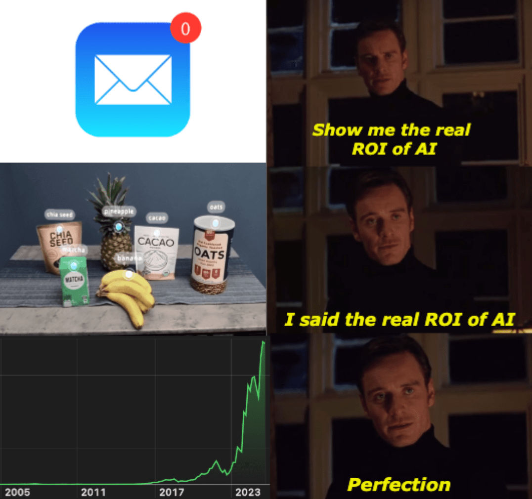 A meme of Michael Fassbender as Magneto in X-Men with the captions, "Show me the real ROI of AI" (inbox zero), "I said the real ROI of AI" (augmented reality), "Perfection" (Nvidia's stock chart)