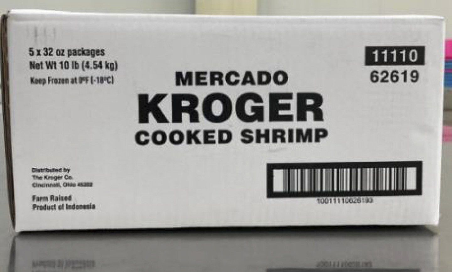 This undated photo released by the U.S. Food and Drug Administration, FDA, shows a product label for Kroger Mercado Cooked Medium Peeled Tail-Off Shrimp.