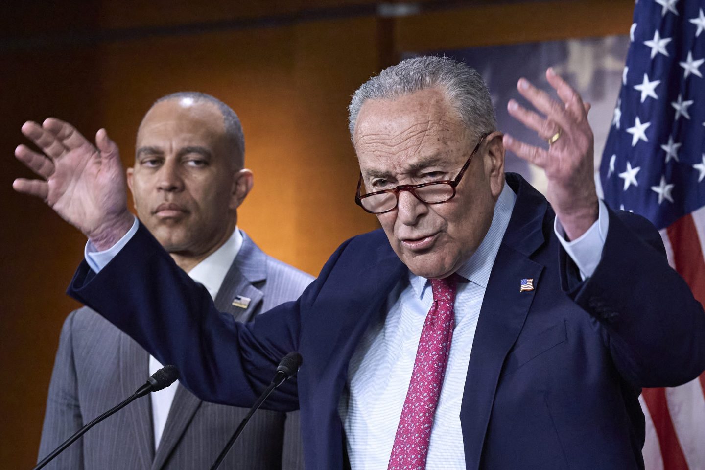 Senate Minority Leader Chuck Schumer, D-N.Y., and House Minority Leader Hakeem Jeffries, D-N.Y., left, hold a news conference on the GOP reconciliation bill, at the Capitol on June 11.