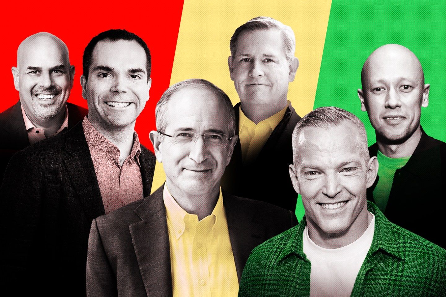 A photo illustration featuring three sets of co-CEOs: Mike Sicilia and Clay Magouyrk at Oracle; Brian Roberts and Michael Cavanagh at Comcast; and Gustav Söderström and Alex Norström, at Spotify.