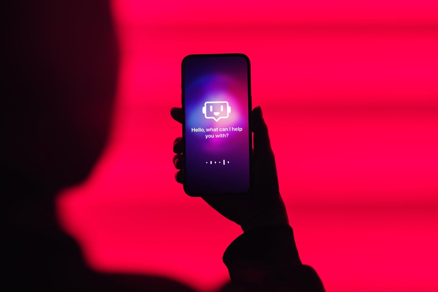 Illustration of a women holding a phone with a chatbot on.