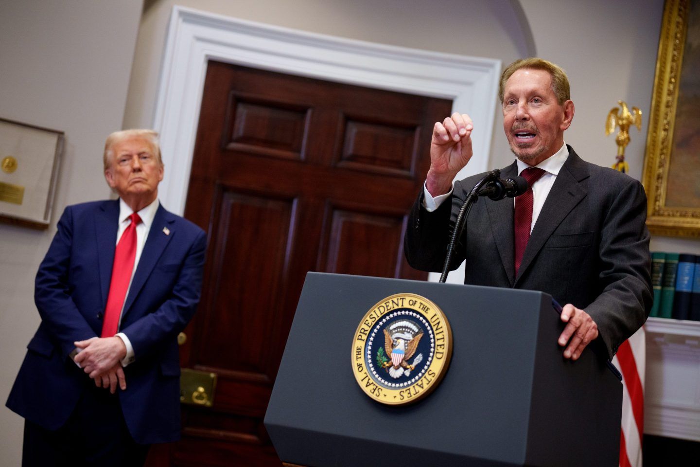 Larry Ellison (right) and President Donald Trump in the Roosevelt Room of the White House on Jan. 21.