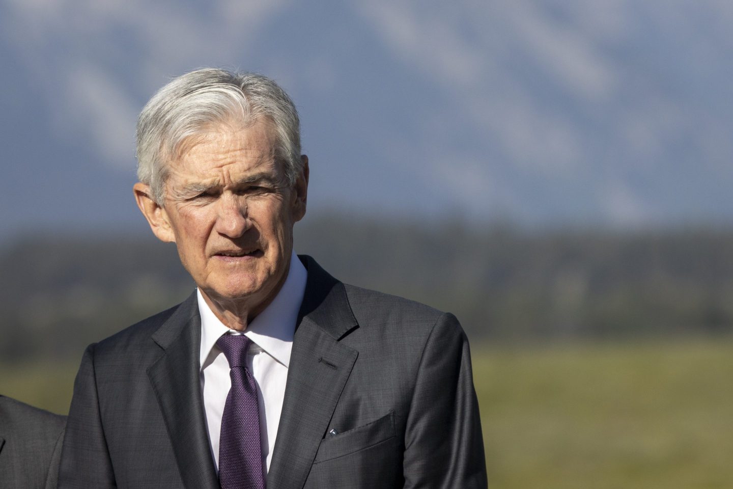 Federal Reserve Chairman Jerome Powell is seen walking in Grand Teton National Park and squinting in direct sunlight on August 22, 2025 near Jackson Hole, Wyoming.