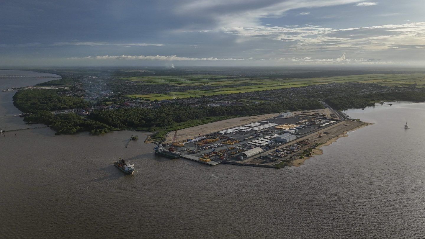 Aerial view of the the Guyana Shore Base, an Exxon Mobil associate in oil discoveries, in Georgetown, Guyana on August 29, 2025.