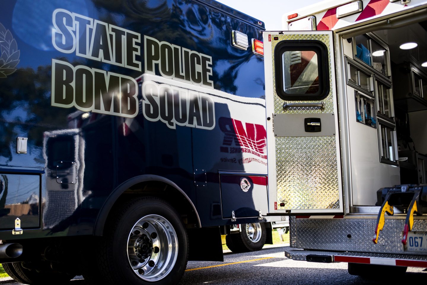 A State Police Bomb Squad arrives to a scene with emergency services responding to a shooting and fire at the Church of Jesus Christ of Latter-day Saints in Grand Blanc, Michigan, on Sunday. 
