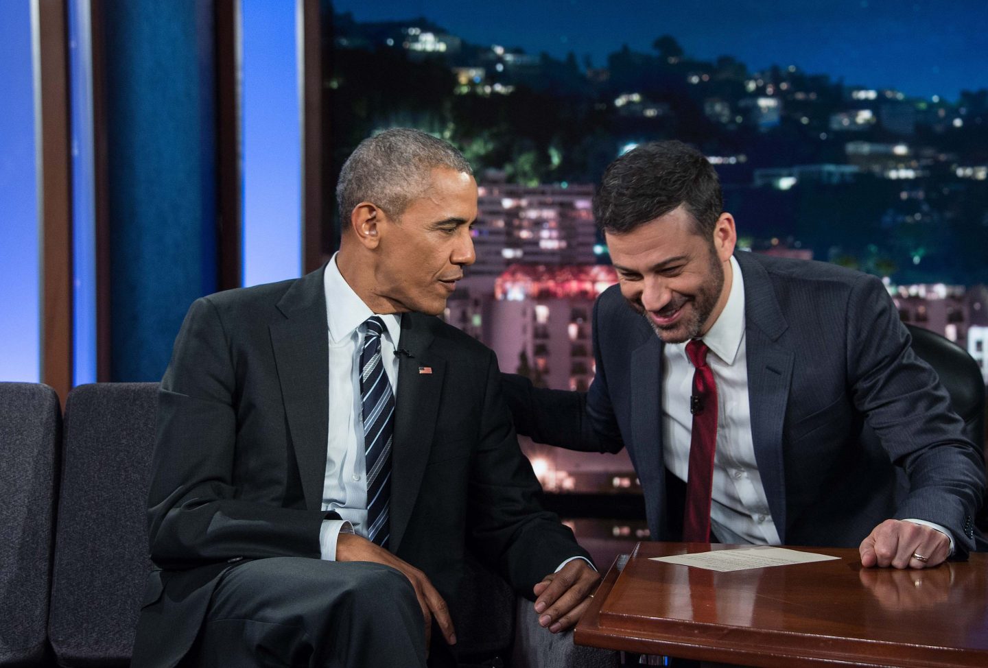 US President Barack Obama speaks with television host Jimmy Kimmel in 2016..
