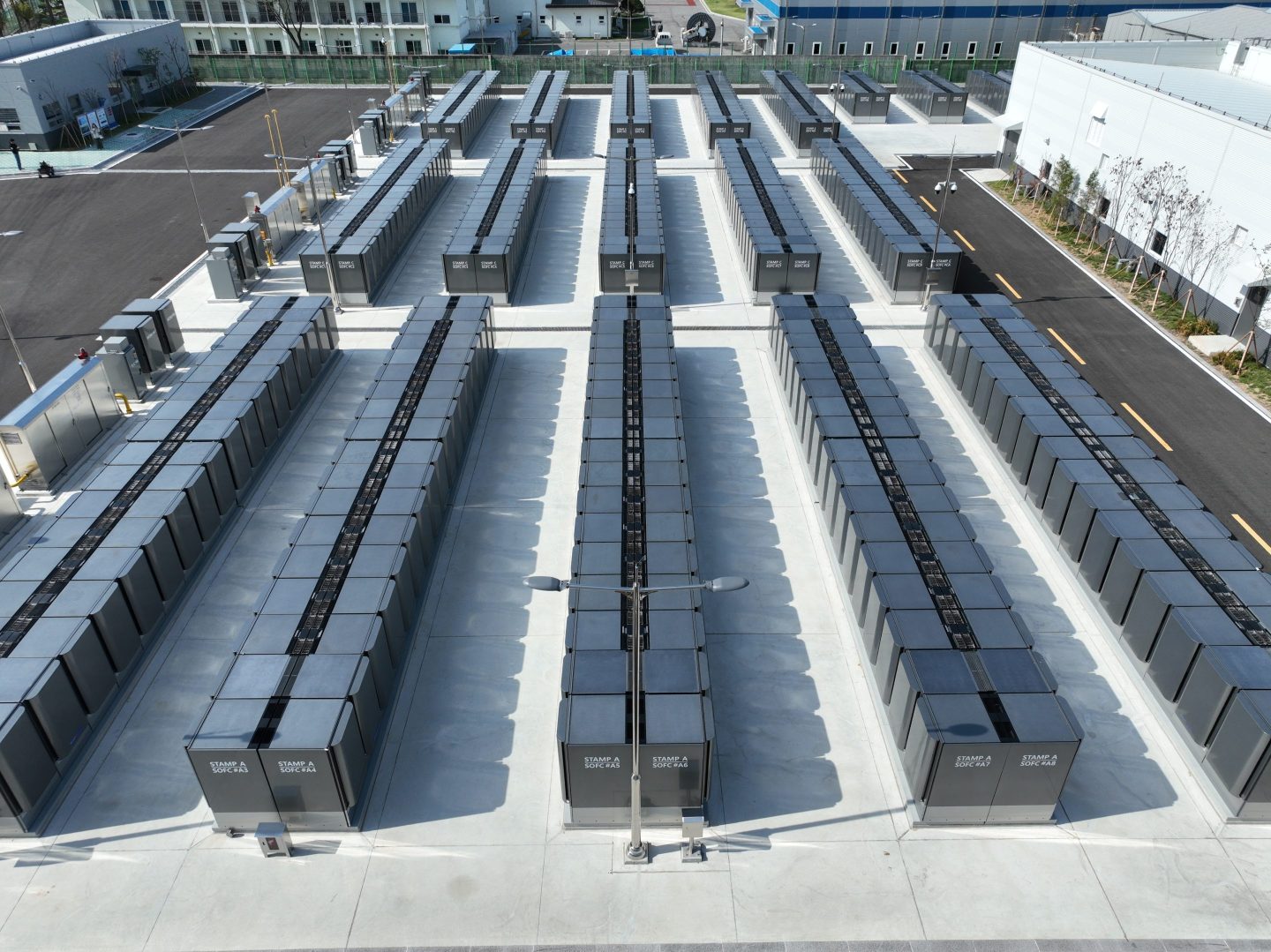 Bloom Energy showcases an array of its fuel cell energy server stacks that offer on-site, off-grid power to data centers and much more.