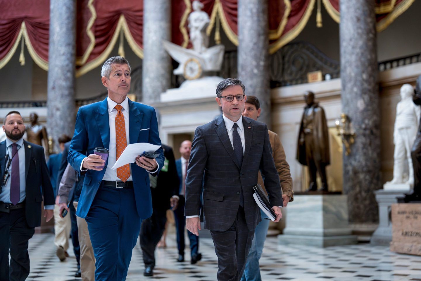 Transportation Secretary Sean Duffy, left, and Speaker of the House Mike Johnson at the Capitol on Oct. 23.