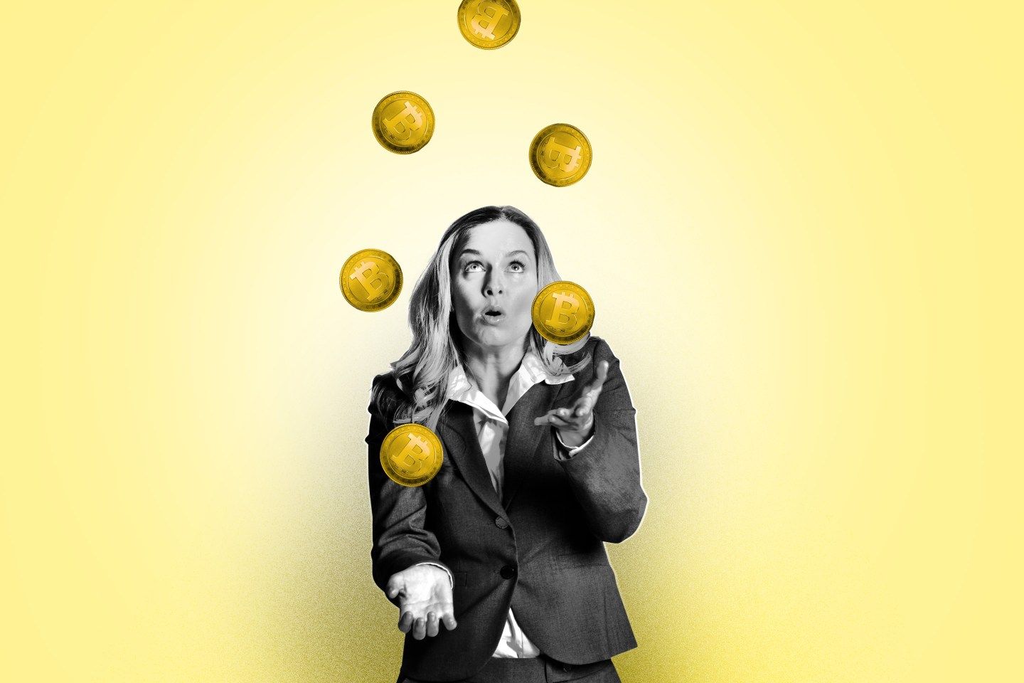 A woman juggles Bitcoin