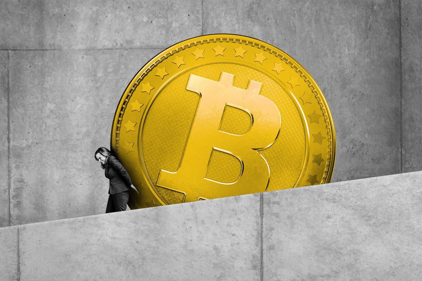 A businesswoman attempts to push Bitcoin up a sloped ramp.