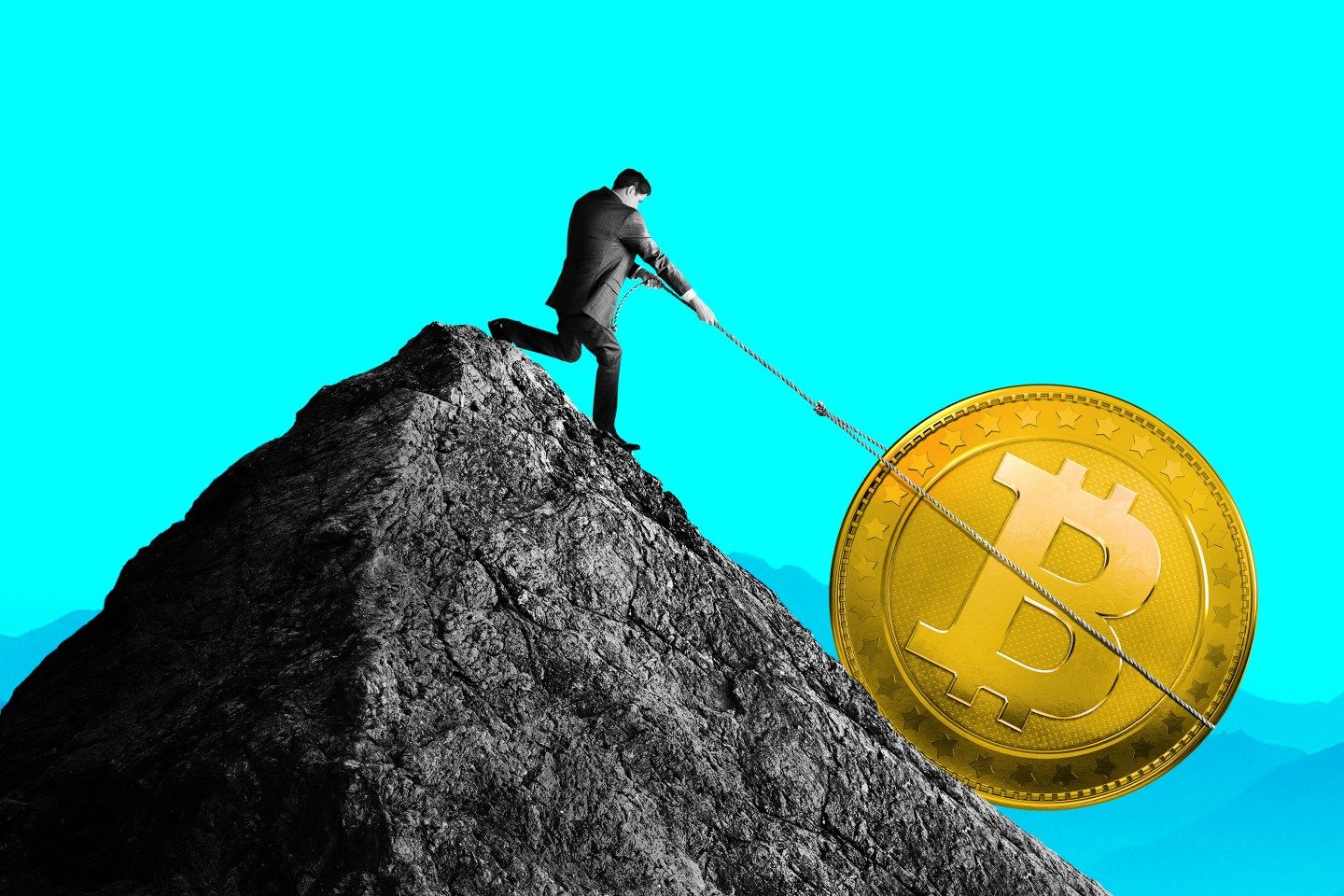 A man tries to pull a coin with a BTC logo up a mountain.