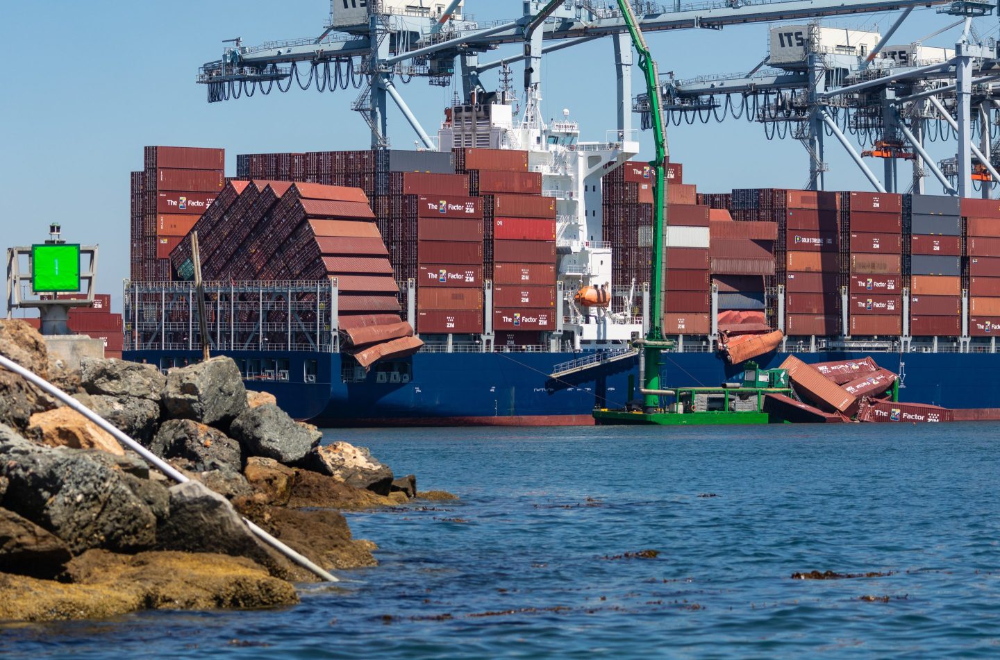 Fallen shipping containers at the Port of Long Beach on Sept. 9.
