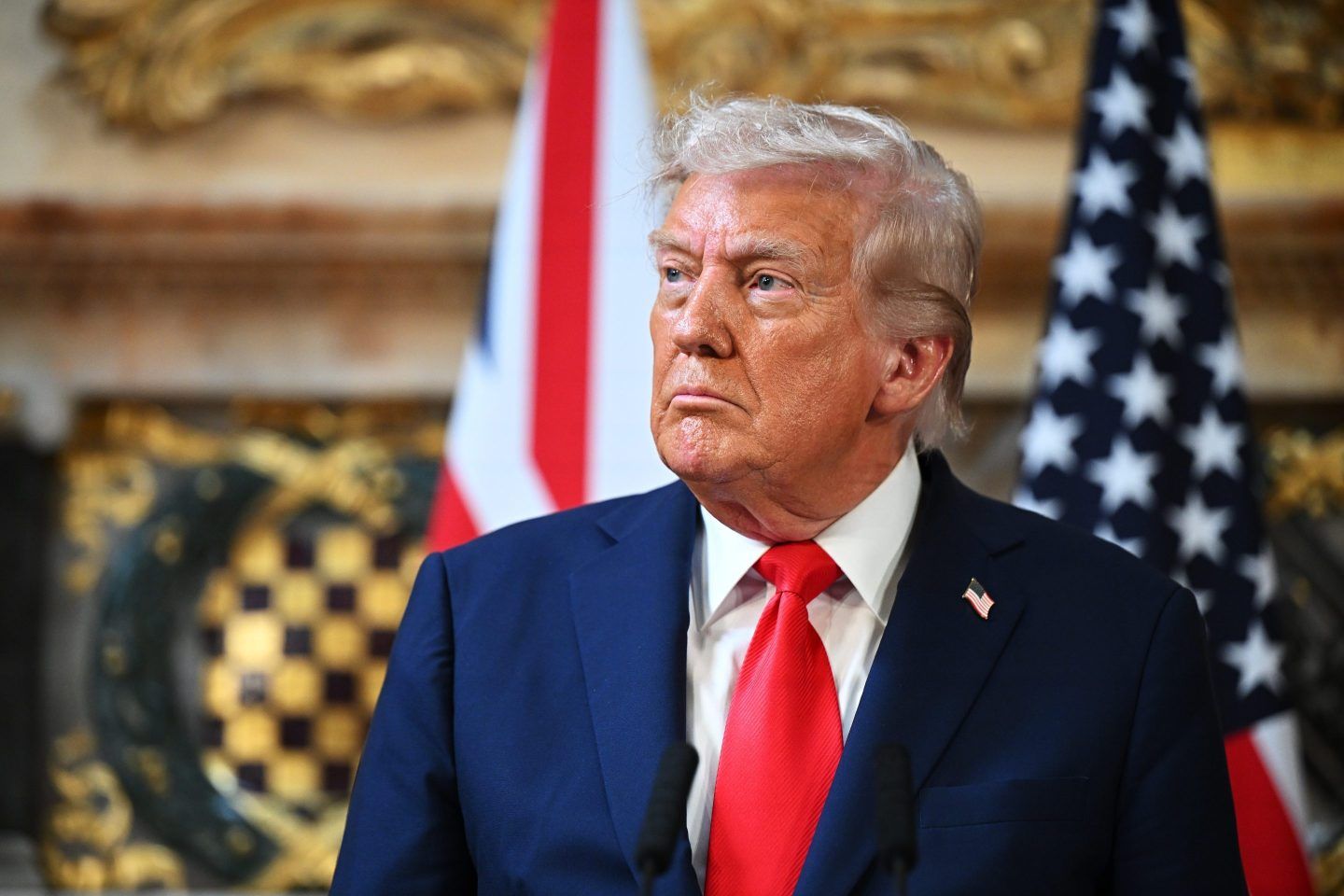 President Donald Trump attends a press conference with UK Prime Minister Keir Starmer (not pictured) at Chequers at the conclusion of a state visit on September 18, 2025