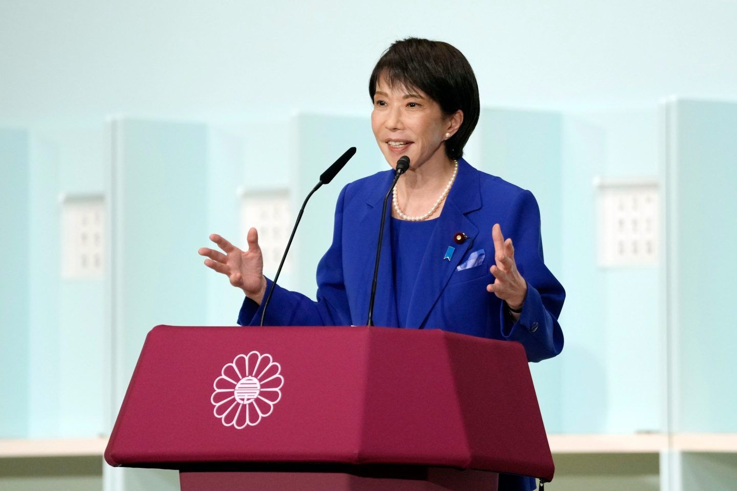 Sanae Takaichi, Japan's former economic security minister, speaks during the Liberal Democratic Party's leadership election at the party's headquarters in Tokyo, Japan, on Saturday.