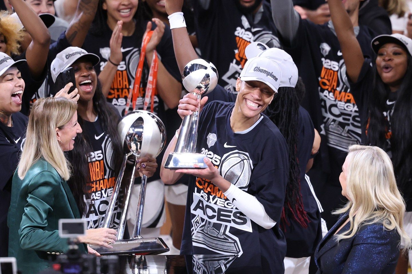 A'ja Wilson #22 of the Las Vegas Aces celebrates with the Most Valuable Player award after winning Game Four of the 2025 WNBA Playoffs finals.