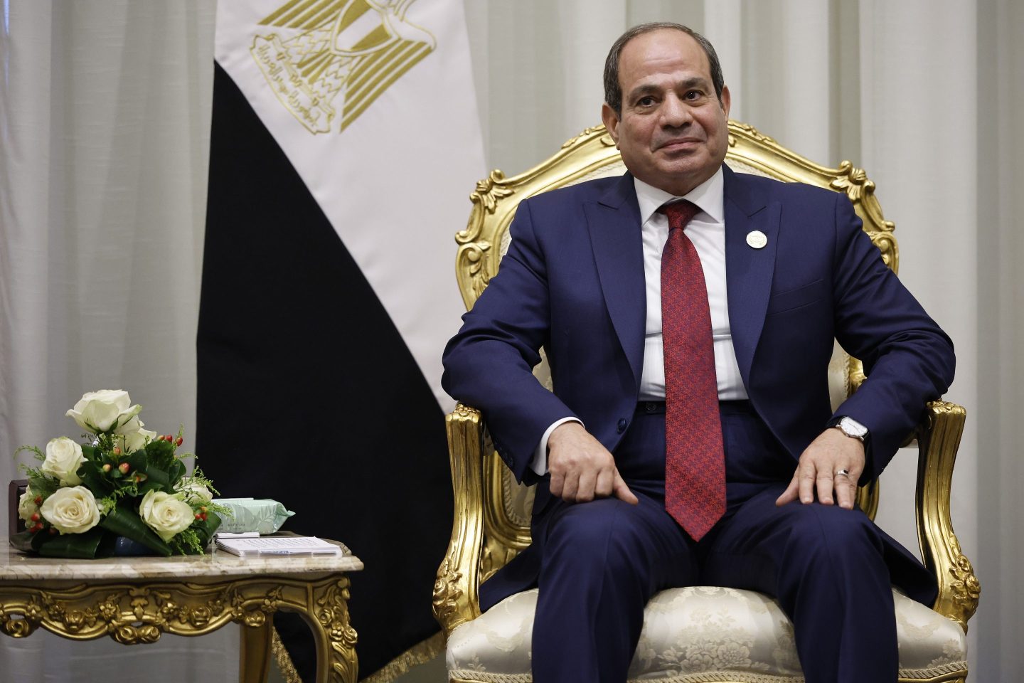 President of Egypt Abdel Fattah El-Sisi speak to the press before a meeting with U.S. President Donald Trump at the Sharm El Sheikh International Congress Center October 13, 2025 in Sharm El-Sheikh, Egypt.
