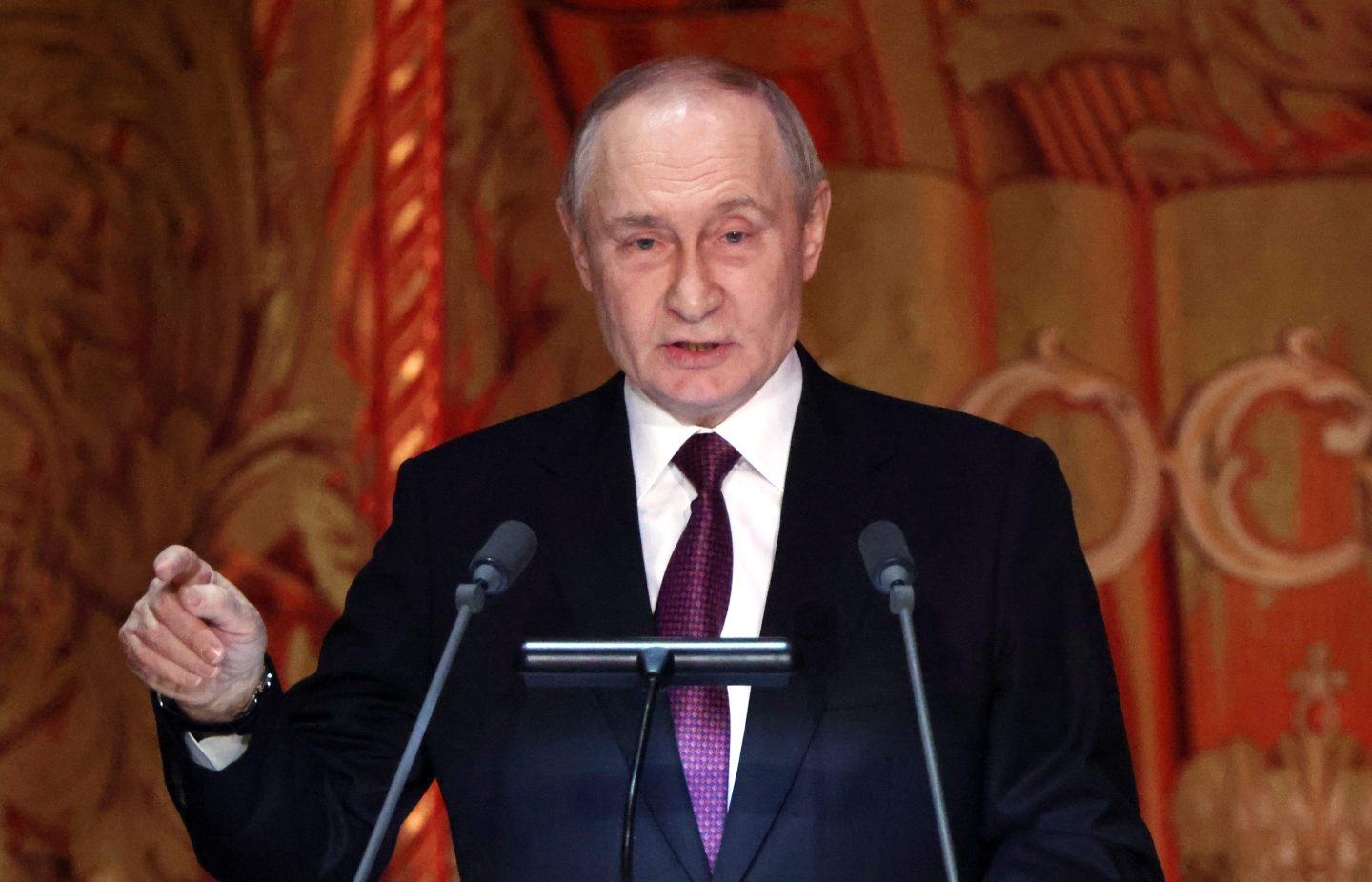 Russian President Vladimir Putin gestures at the Bolshoi Theater in Moscow on Oct. 17.