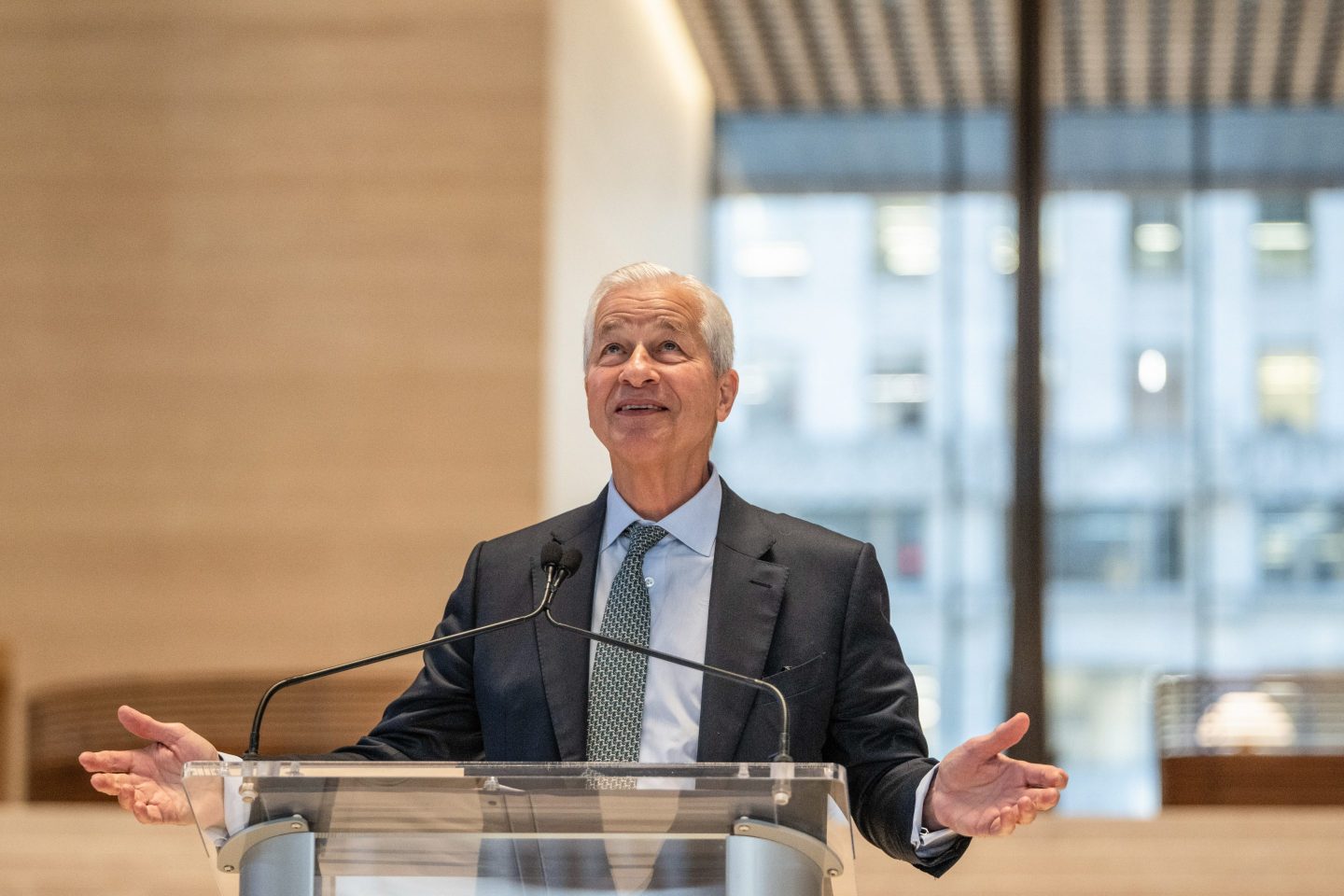 JPMorgan Chase CEO Jamie Dimon speaks during a ribbon cutting ceremony at the company's new global headquarters building in Midtown Manhattan on Tuesday.