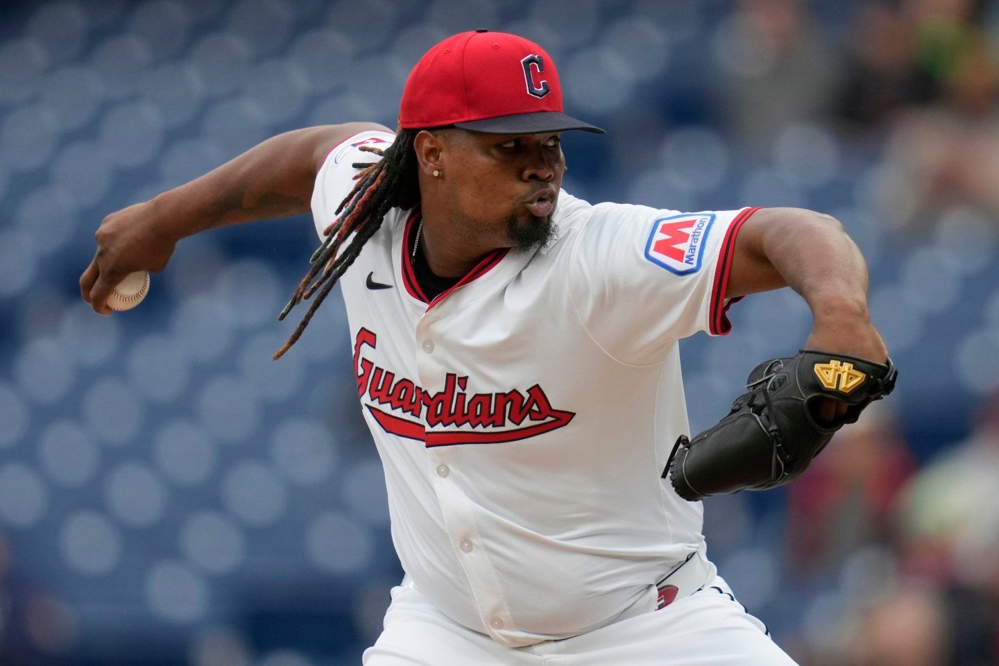 Cleveland Guardians' Luis Ortiz pitches in the first inning of a baseball game against the Minnesota Twins, in Cleveland, April 30, 2025.