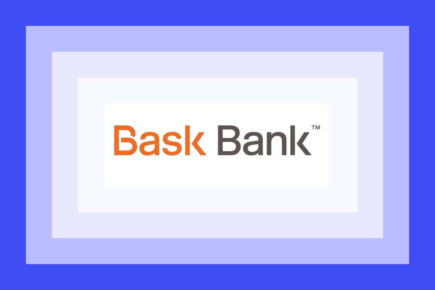 The Bask Bank logo on a blue and purple layered background.