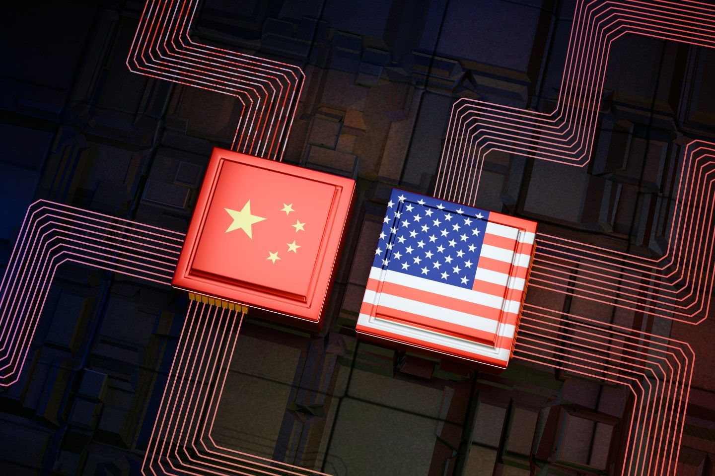 A digitally generated illustration of a U.S. vs. China tech war featuring both nations' flags as chip components. (Illustration: Wong Yu Liang)