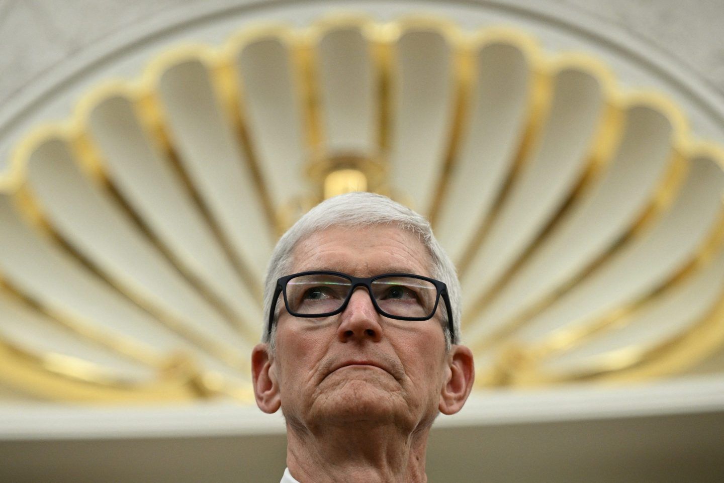 Tim Cook scowls inside the White House