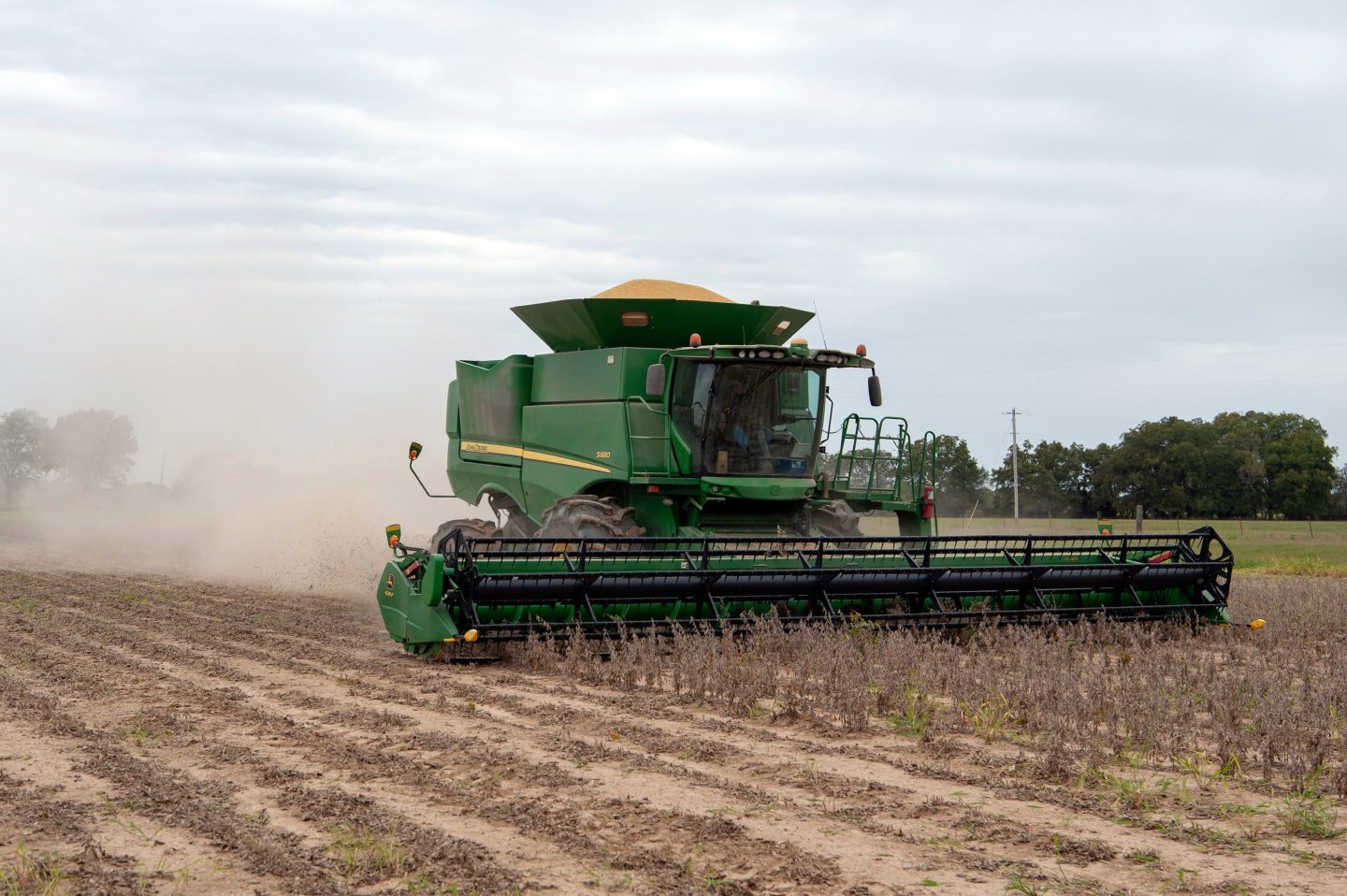 A combine harvester during a soybean harvest on a farm near Gregory, Arkansas, US, on Oct. 24, 2025.