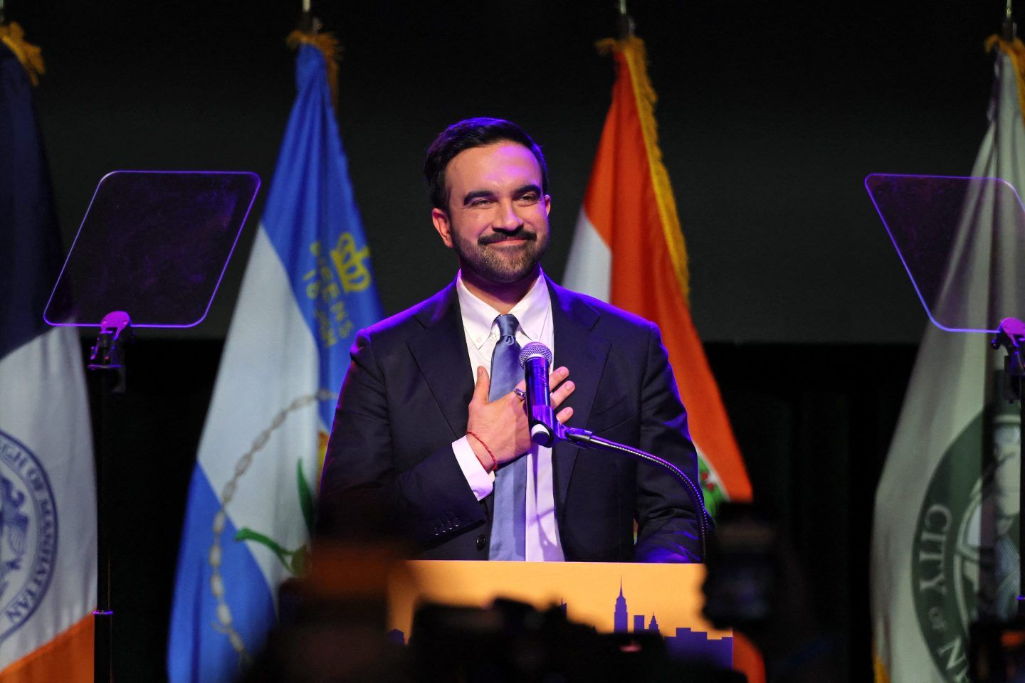 New York City Mayoral candidate Zohran Mamdani celebrates during an election night event at the Brooklyn Paramount Theater in Brooklyn, New York on November 4, 2025
