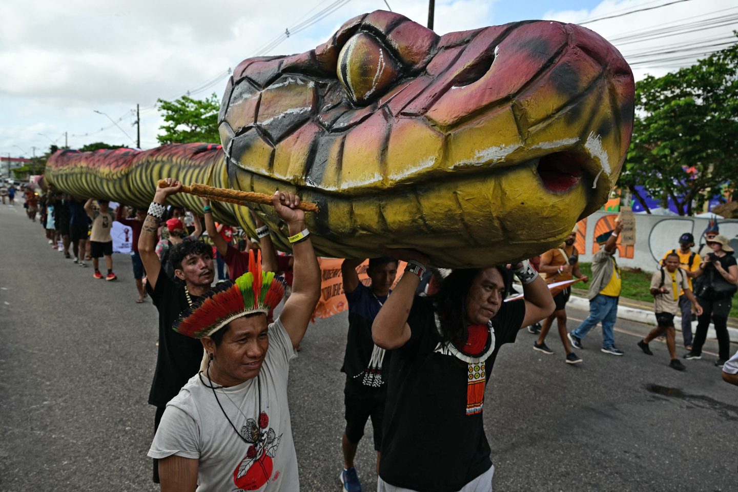 Indigenous people take part in a demonstration called "Indigenous People Global March" during the COP30 UN Climate Change Conference in Belem, Para state, Brazil, on November 17, 2025. 