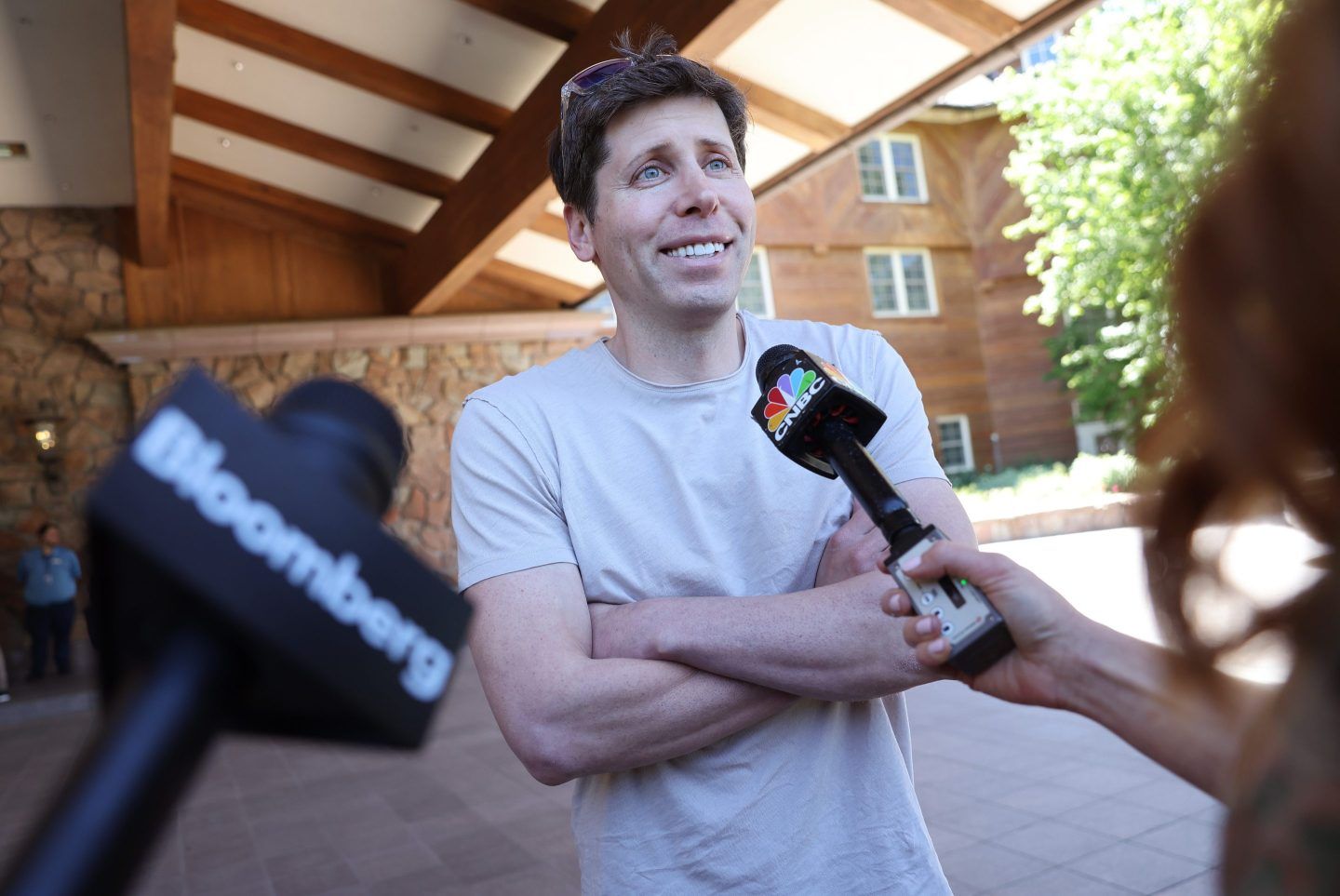 Sam Altman, CEO of OpenAI, speaks to the media as he arrives at the Sun Valley Lodge for the Allen & Company Sun Valley Conference on July 11, 2023 in Sun Valley, Idaho.