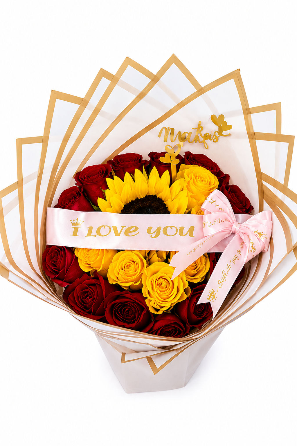 bouquet of red and yellon roses a sunflower