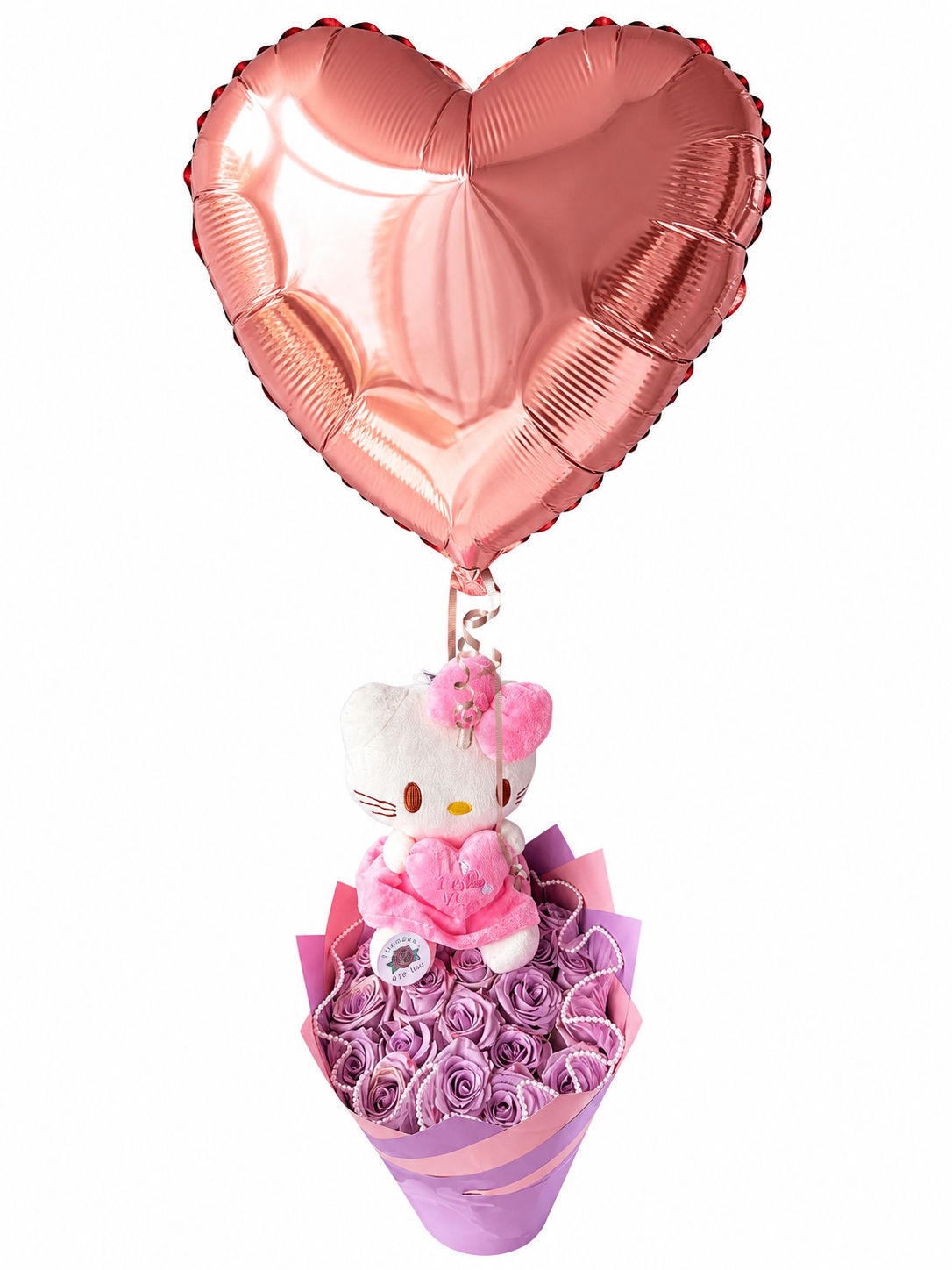 Buchon bouquet of 24 pink roses with hello kitty and ballon