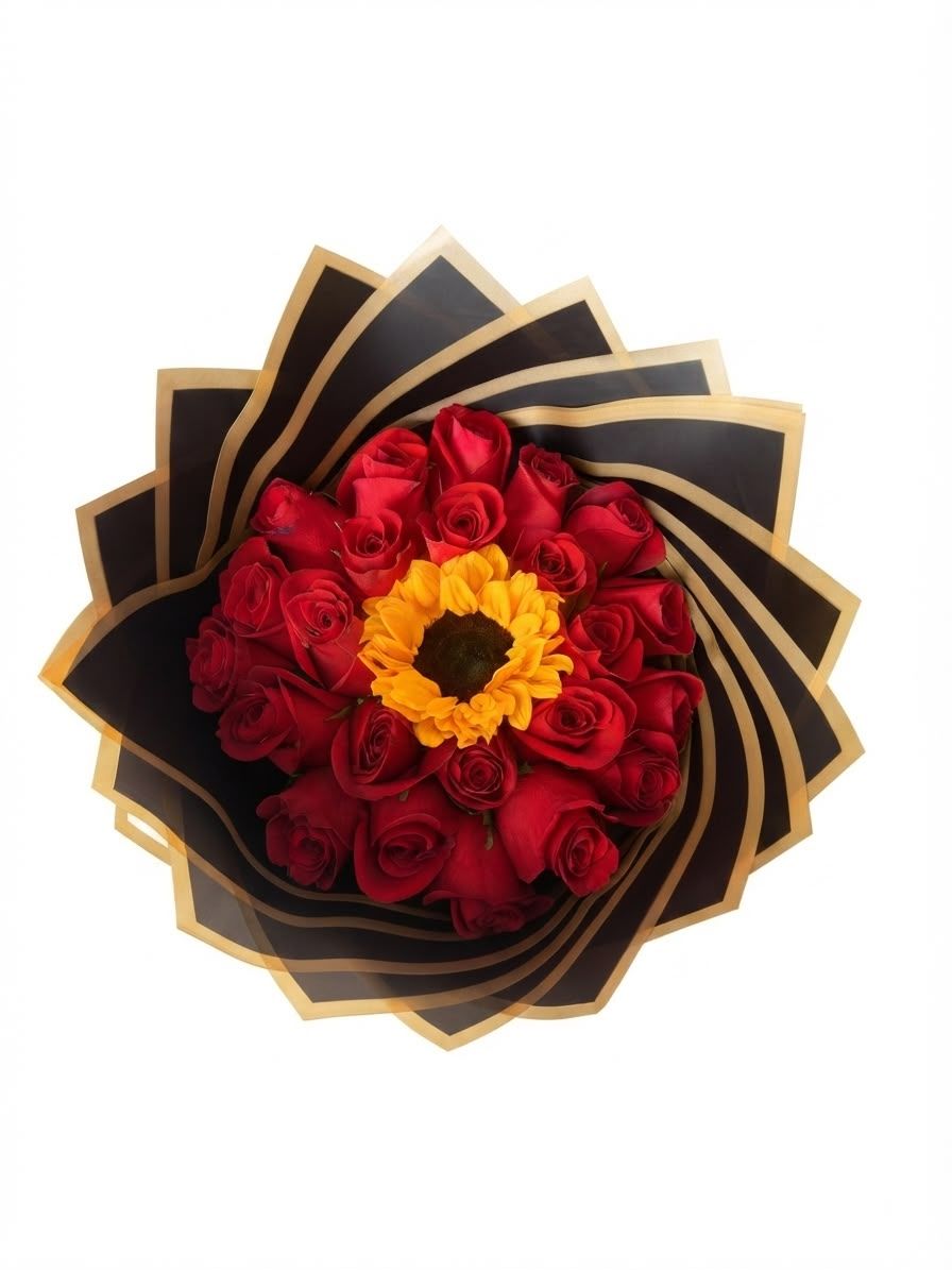 Bouquet of roses with a sunflower