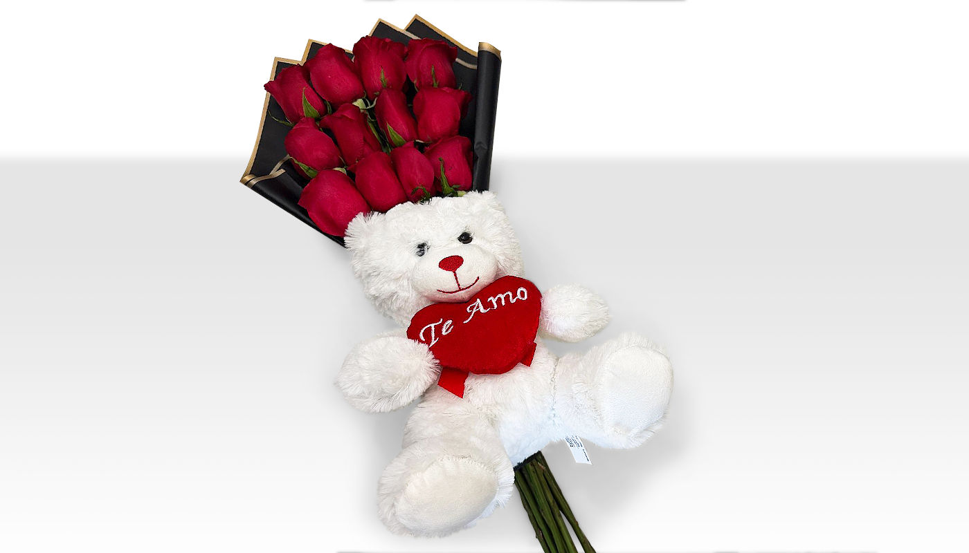flat bouquet with teddy bear (Te amo)