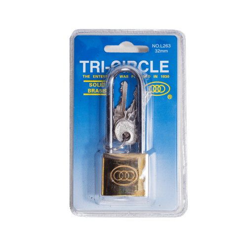 TRI-CIRCLE LONG SHACKLE BRASS 32mm PADLOCK
