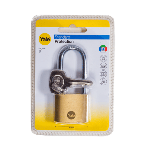 YALE LONG SHACKLE BRASS 40mm PADLOCK