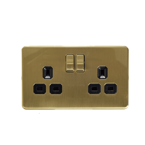 SATIN BRASS SWITCH 2 GANG 13a SOCKET OUTLET