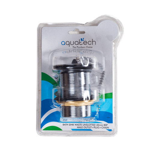 AQUATECH BSP MALE OUTLET+PLUG+CHAIN UNSLOTTED 40mm BATH SINK WASTE