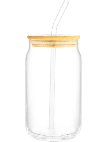 Glass Can Cup Bamboo Lid 490ml