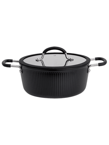 Black Ribbed Casserole Pot With Lid & Ergonomic Handles 24Cm