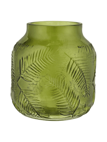 Green Embossed Glass Vase Leaf Pattern 14x14.7cm