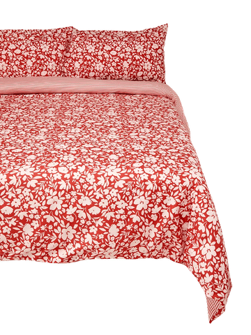 Reversible Double Bed Duvet Cover Red Floral & Stripes
